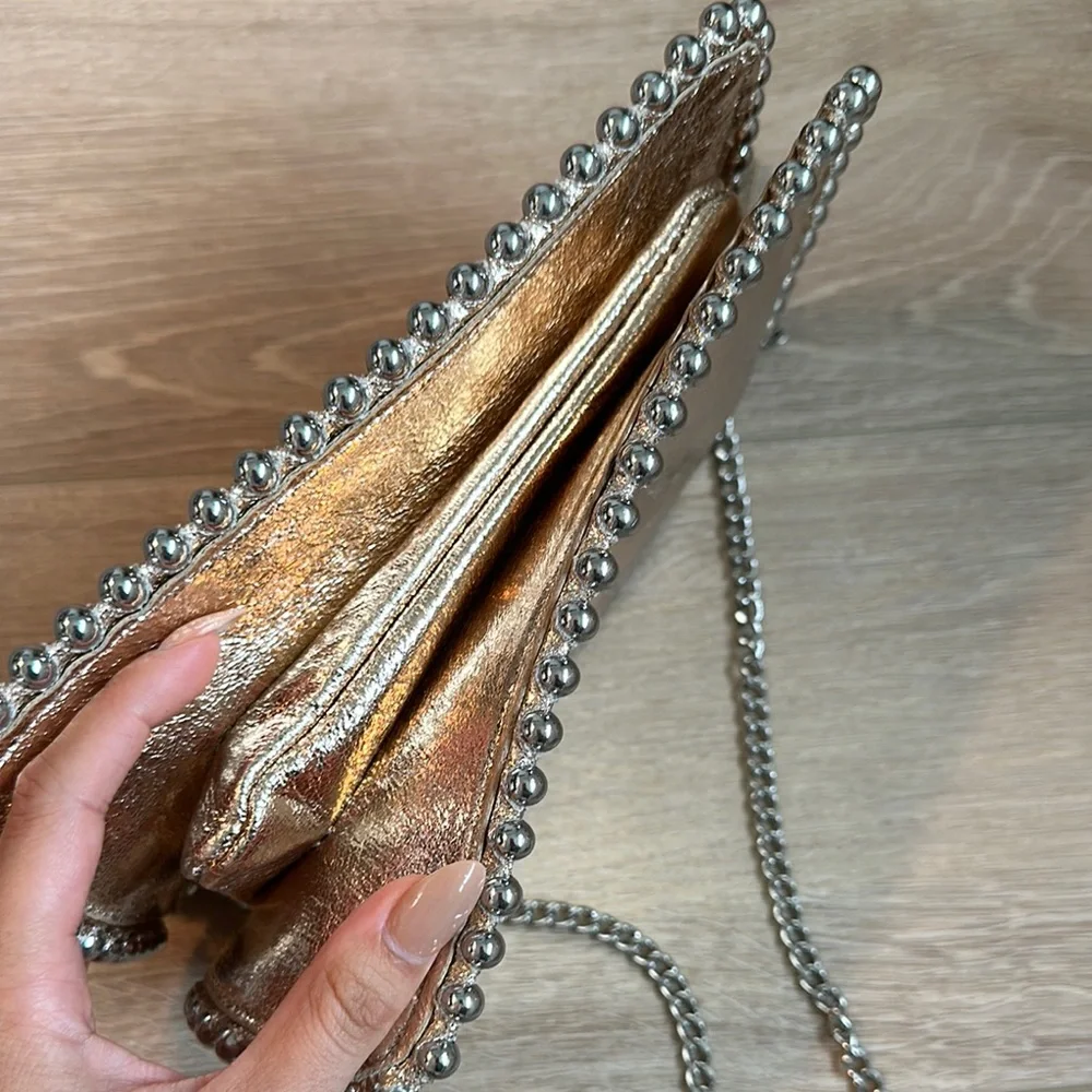 Metallic Rose Gold Crinkled Faux Leather With Studs Bag - Picture 7 of 10